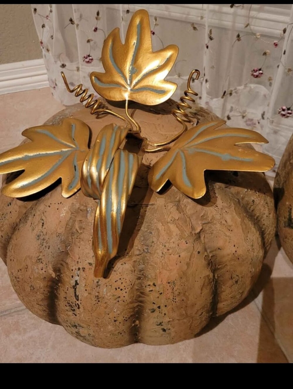 12" Metal Gold and Brown  Pumpkin with Leaves